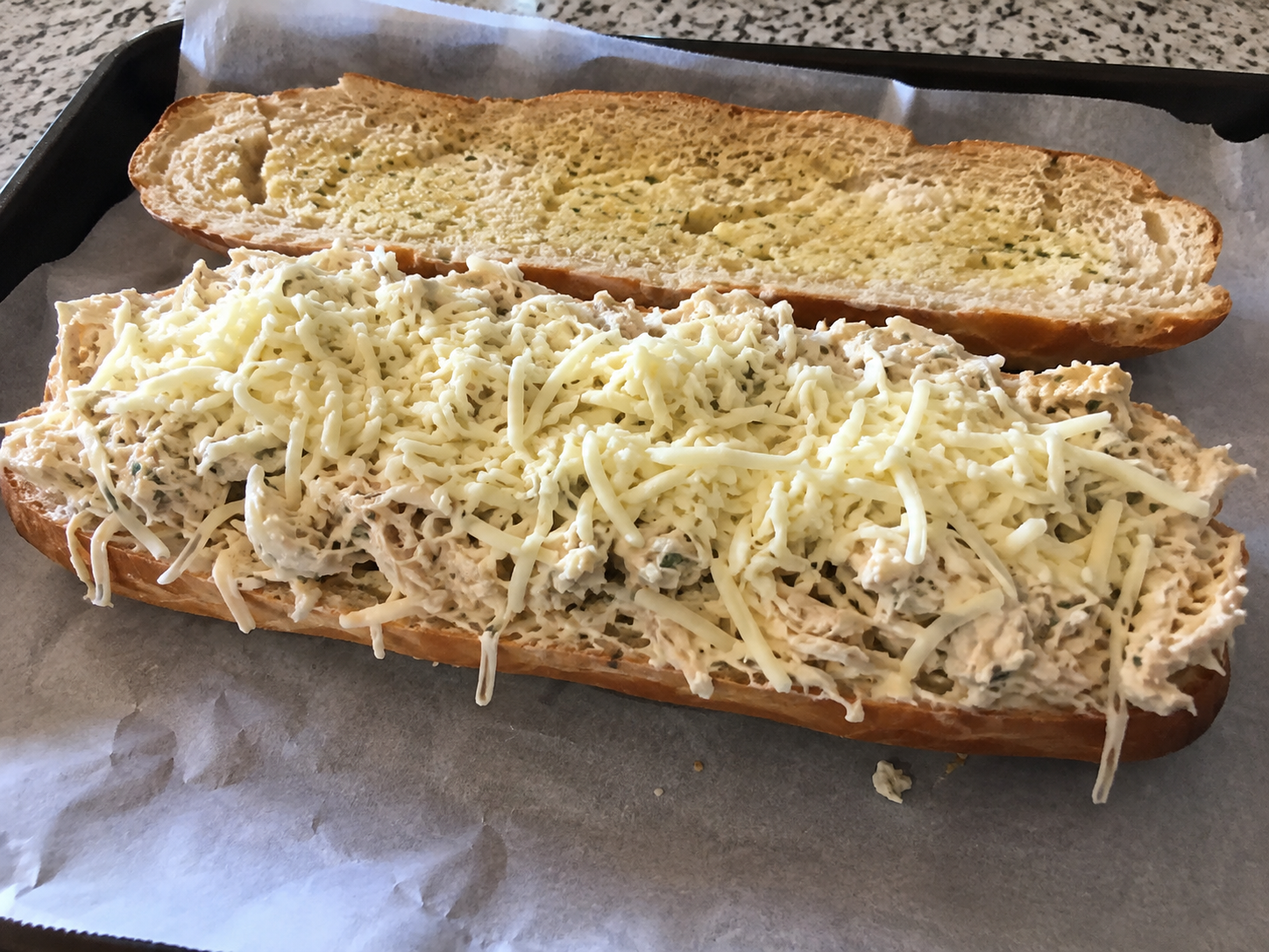 Cheesy chicken stuffed bread with melted mozzarella