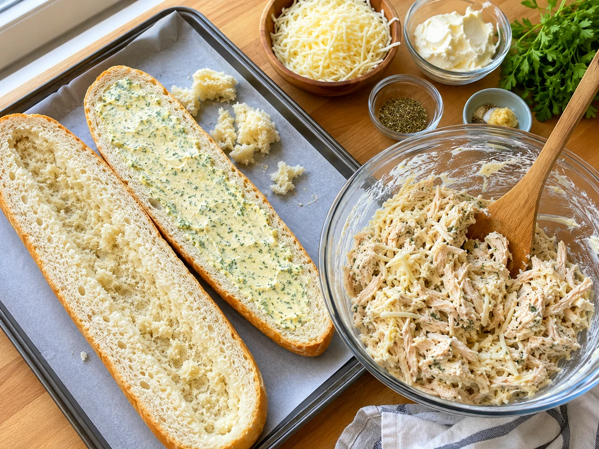 Preparing cheesy chicken stuffed bread with garlic butter, shredded chicken, and mozzarella
