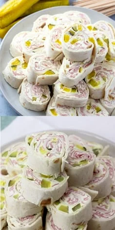 Creamy ham pickle pinwheels arranged on a white serving plate