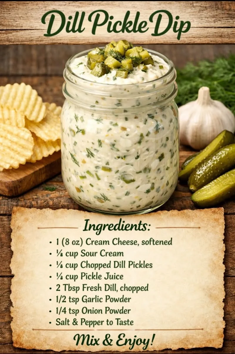 Mason jar of creamy dill pickle dip topped with chopped pickles and fresh dill beside potato chips