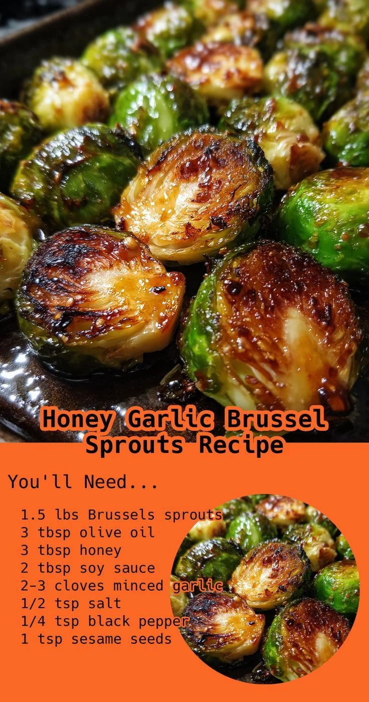 Roasted honey garlic brussel sprouts on a baking sheet with glossy glaze