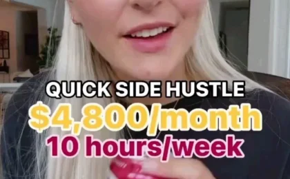 Blonde woman holding a beverage can with text overlay claiming a quick side hustle earns $4,800 monthly for 10 hours weekly