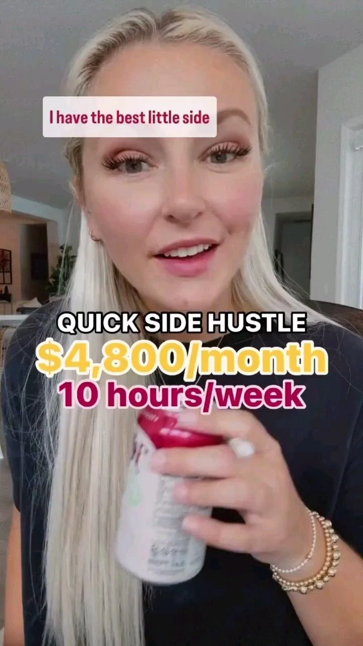 Blonde woman holding a beverage can with text overlay claiming a quick side hustle earns $4,800 monthly for 10 hours weekly