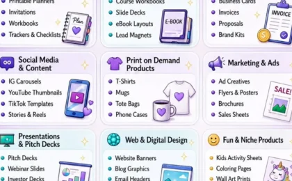 Purple infographic titled Turn Creativity Into Cash with Canva showing money stacks, laptop, and product icons