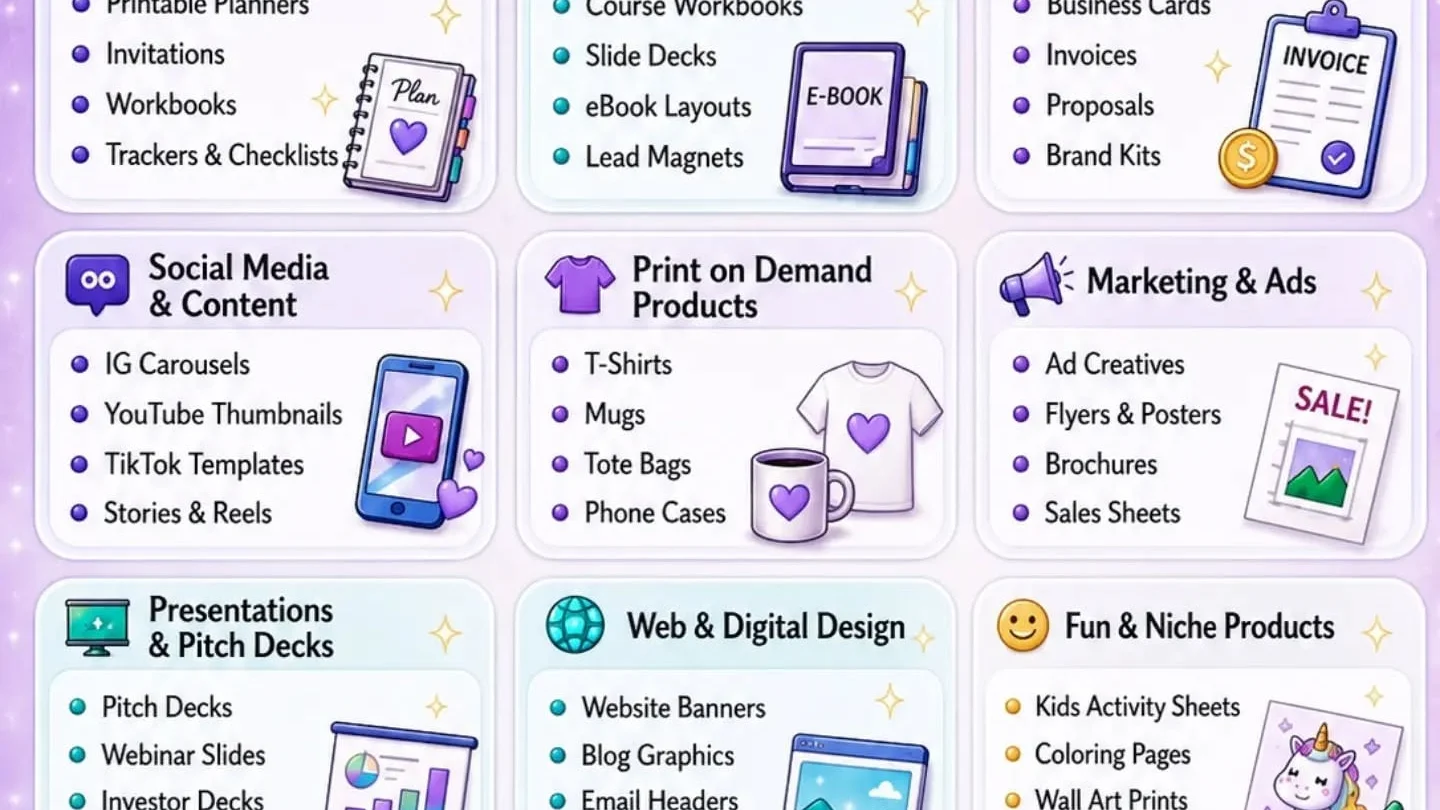 Purple infographic titled Turn Creativity Into Cash with Canva showing money stacks, laptop, and product icons