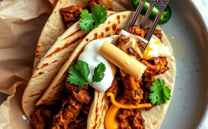Cheesy crispy beef tacos with homemade cilantro lime sauce, freshly made and ready to serve