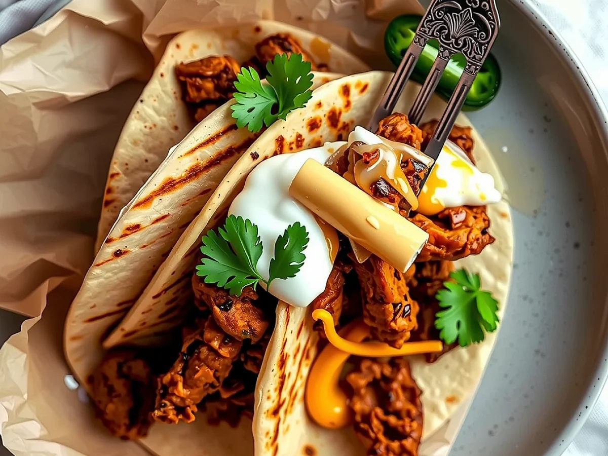 Cheesy crispy beef tacos with homemade cilantro lime sauce, freshly made and ready to serve