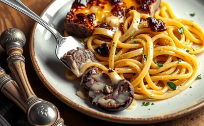 Creamy butter steak pasta made with tender, juicy steak, freshly made and ready to serve