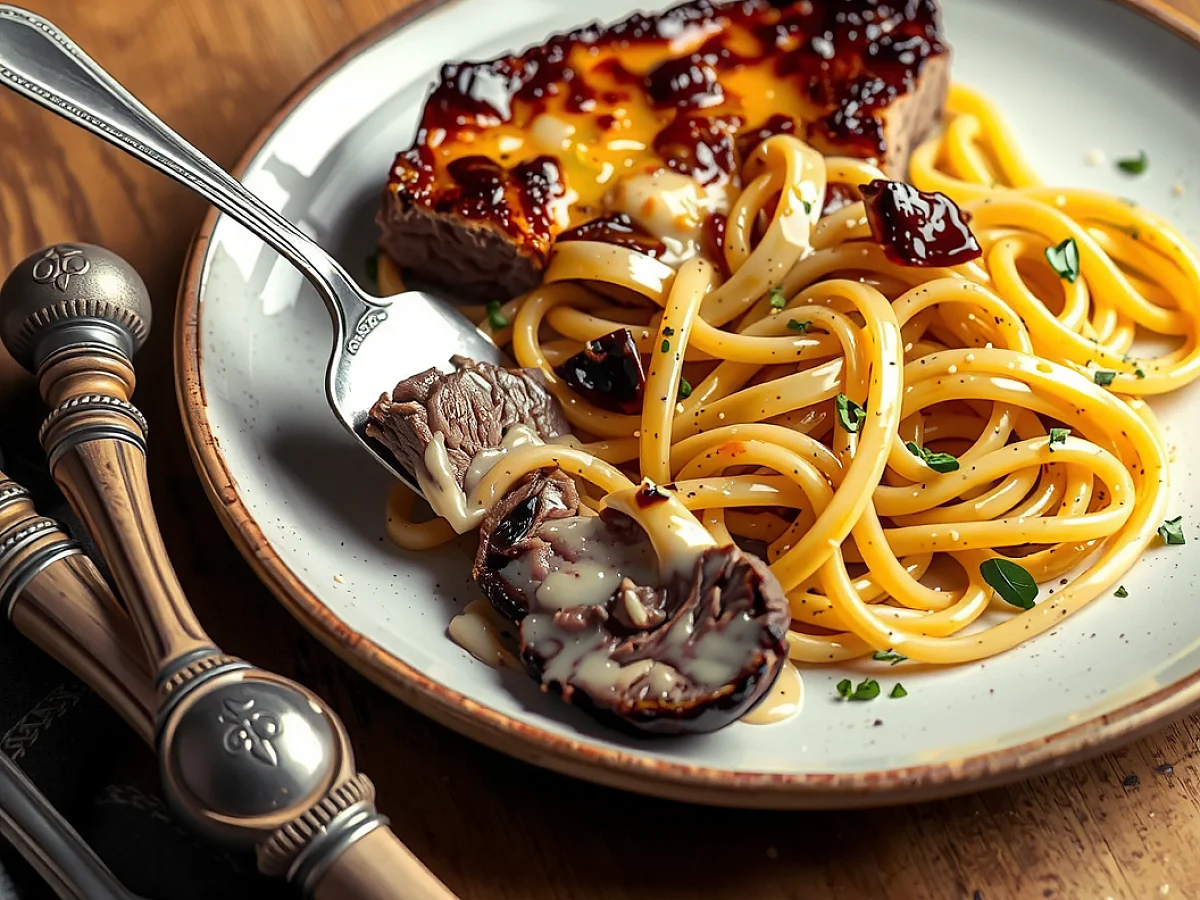 Creamy butter steak pasta made with tender, juicy steak, freshly made and ready to serve