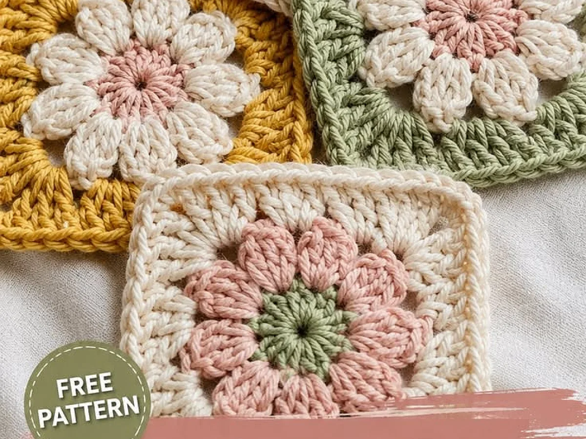 Image showing Crochet granny squares in various colors and a ball of yarn