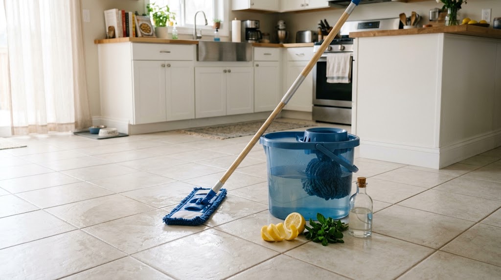 Grandma's mop water trick with a blue bucket and microfiber mop on a clean ceramic tile floor