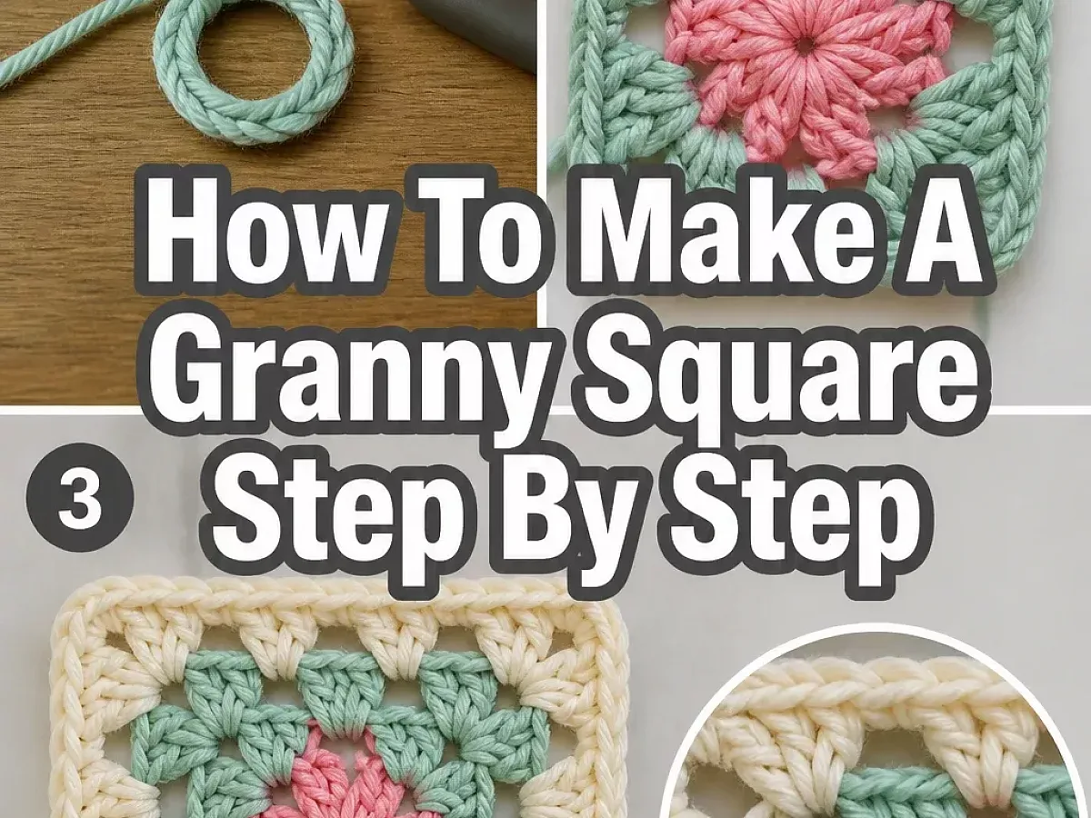 Image showing collage of photos showing how to make a granny square with yarn