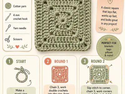 Green Granny Square Crochet Tutorial Graphic Explained