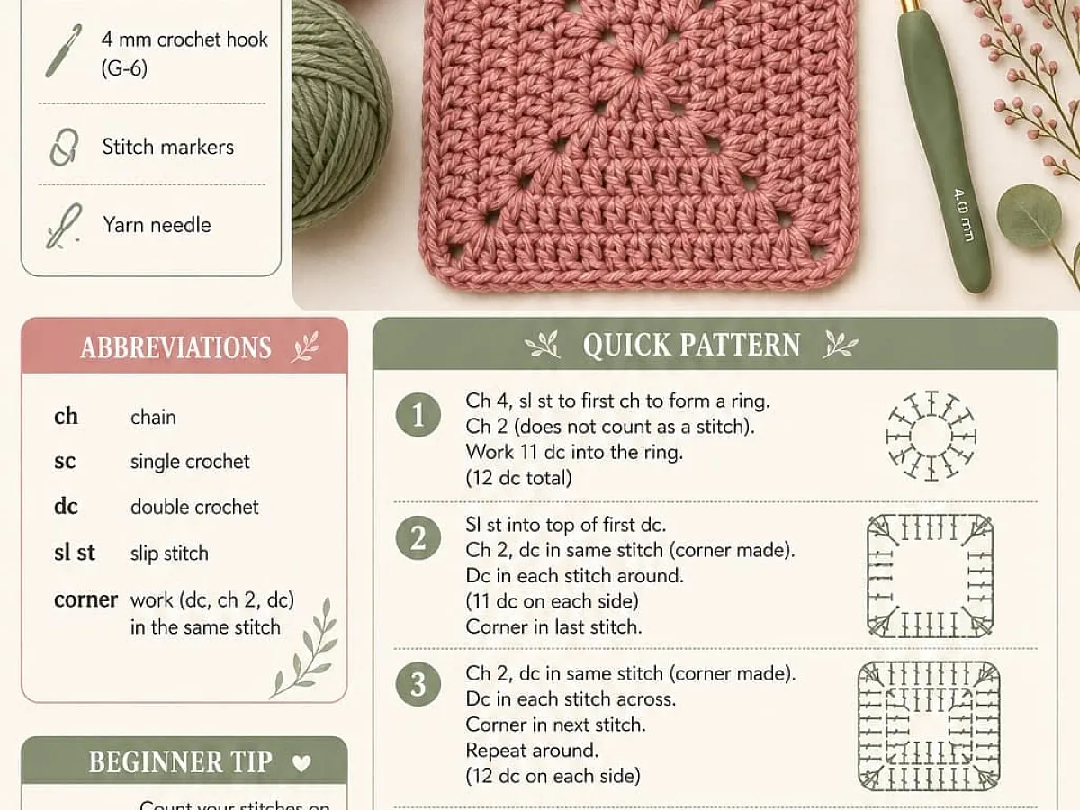 Image showing crochet pattern for a solid granny square, with materials